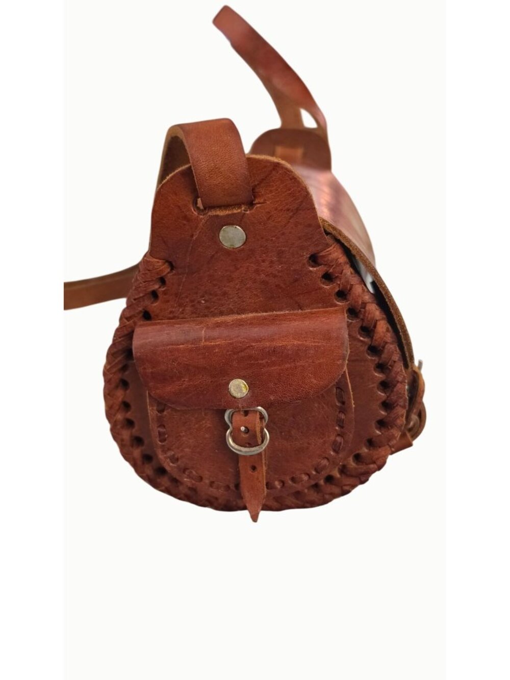 Handmade Leather Barrel Crossbody Bag Boho Western Vintage Cognac Hand Laced - Picture 4 of 8